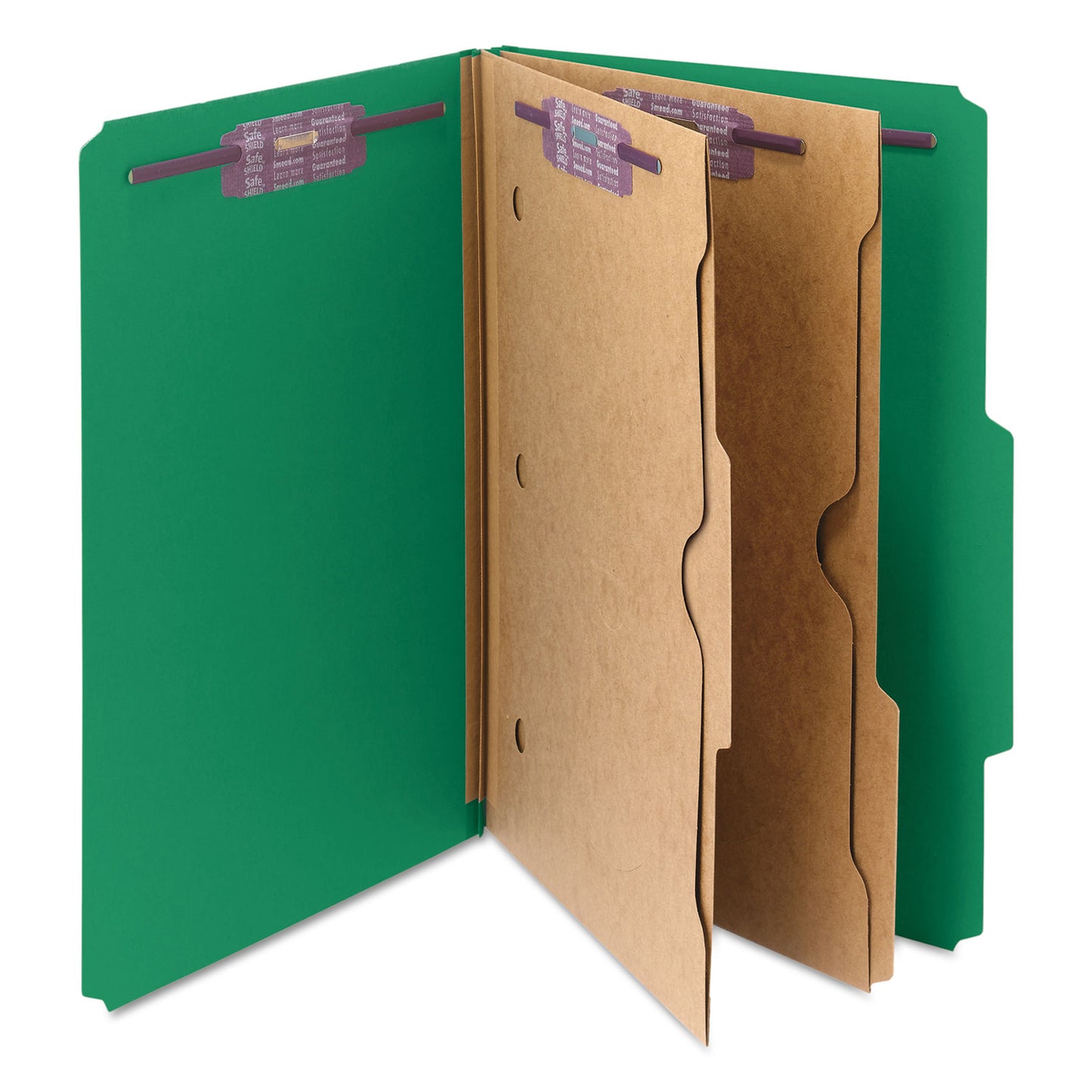Smead 6-Section Pressboard Top Tab Pocket Classification Folders, 6 SafeSHIELD Fasteners, 2 Dividers, Legal Size, Green, 10/Box (19083)