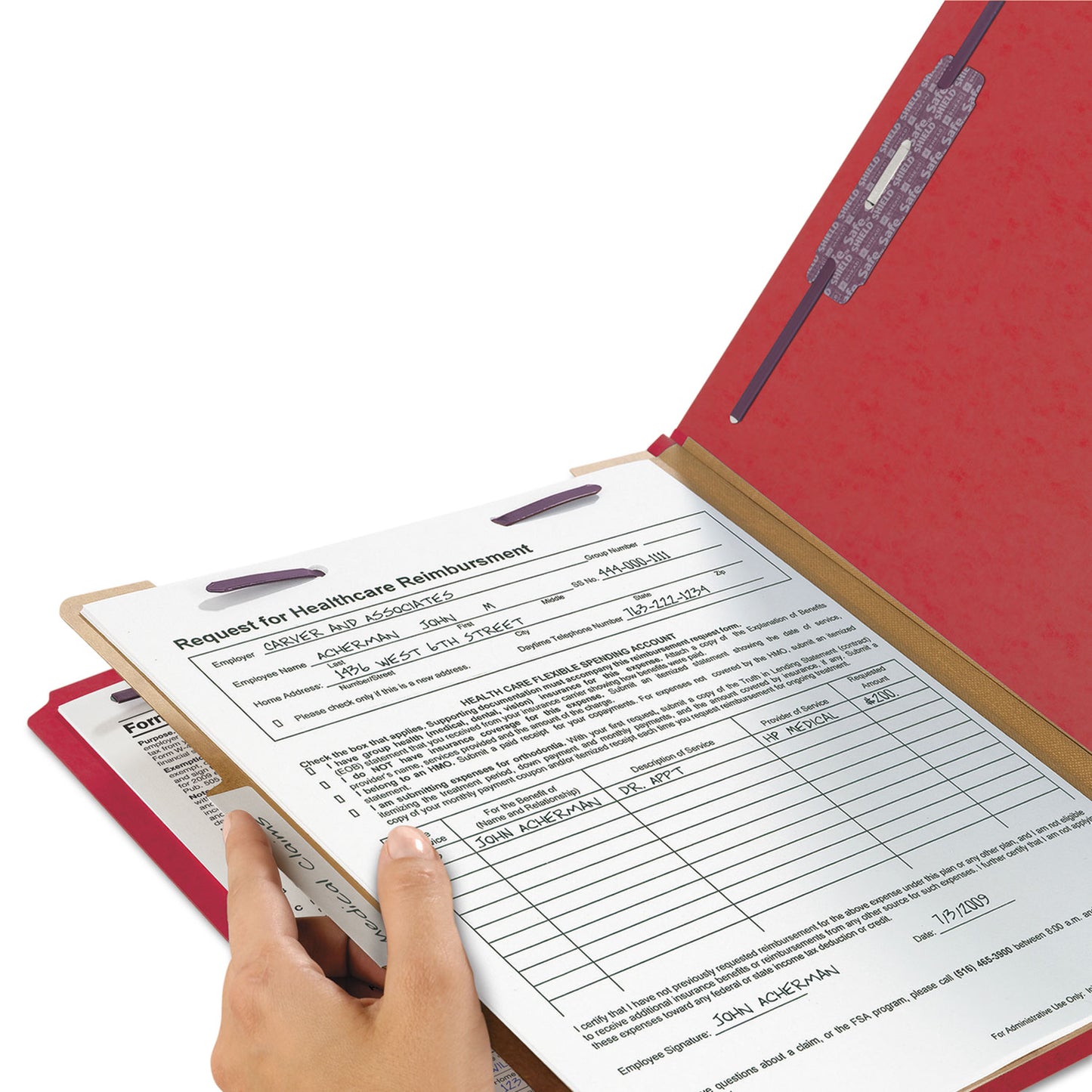 Smead Four-Section Pressboard Top Tab Classification Folders, Four SafeSHIELD Fasteners, 1 Divider, Legal Size, Bright Red, 10/Box (18731)