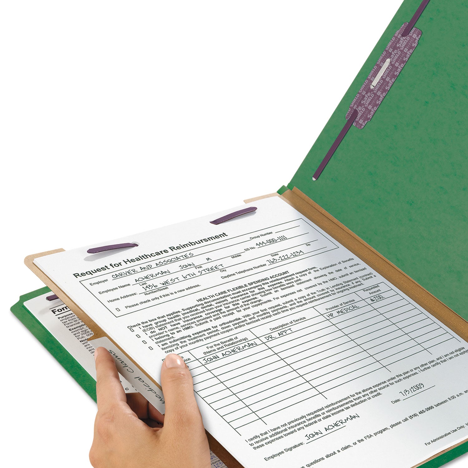 Smead Four-Section Pressboard Top Tab Classification Folders, Four SafeSHIELD Fasteners, 1 Divider, Letter Size, Green, 10/Box (13733)