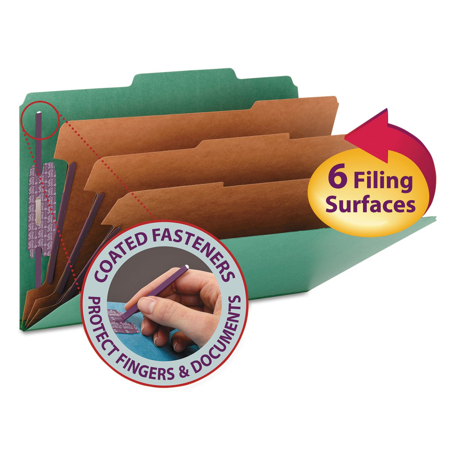 Smead Eight-Section Pressboard Top Tab Classification Folders, Eight SafeSHIELD Fasteners, 3 Dividers, Legal Size, Green, 10/Box (19097)