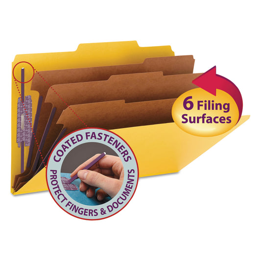 Smead Eight-Section Pressboard Top Tab Classification Folders, Eight SafeSHIELD Fasteners, 3 Dividers, Legal Size, Yellow, 10/Box (19098)
