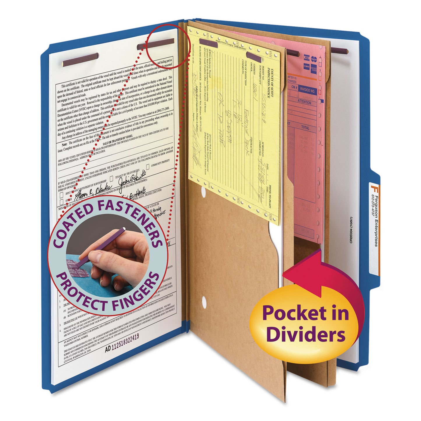 Smead 6-Section Pressboard Top Tab Pocket Classification Folders, 6 SafeSHIELD Fasteners, 2 Dividers, Legal Size, Dark Blue, 10/Box (19077)