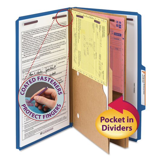 Smead 6-Section Pressboard Top Tab Pocket Classification Folders, 6 SafeSHIELD Fasteners, 2 Dividers, Legal Size, Dark Blue, 10/Box (19077)