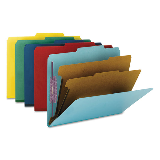 Smead Six-Section Pressboard Top Tab Classification Folders, Six SafeSHIELD Fasteners, 2 Dividers, Letter Size, Assorted, 10/Box (14025)