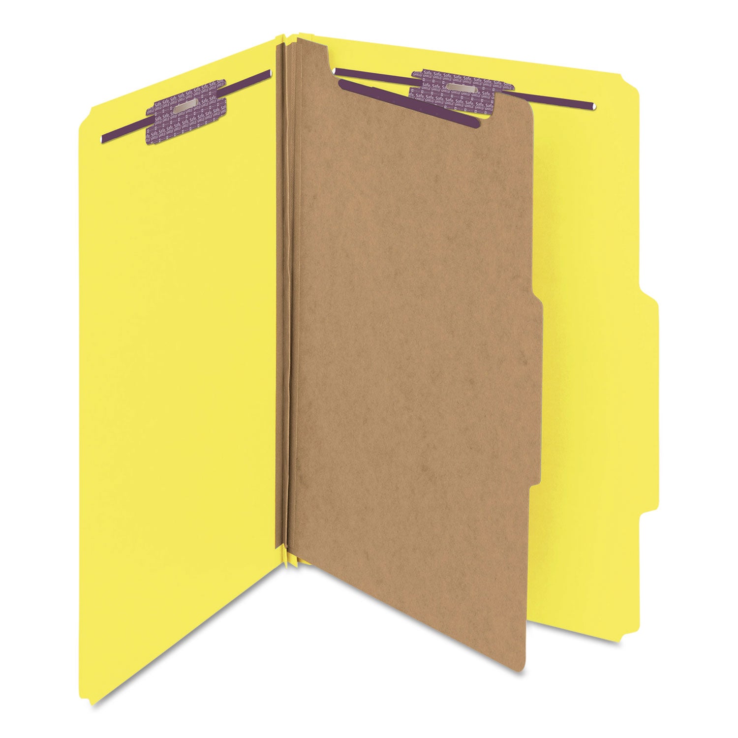 Smead Four-Section Pressboard Top Tab Classification Folders, Four SafeSHIELD Fasteners, 1 Divider, Legal Size, Yellow, 10/Box (18734)