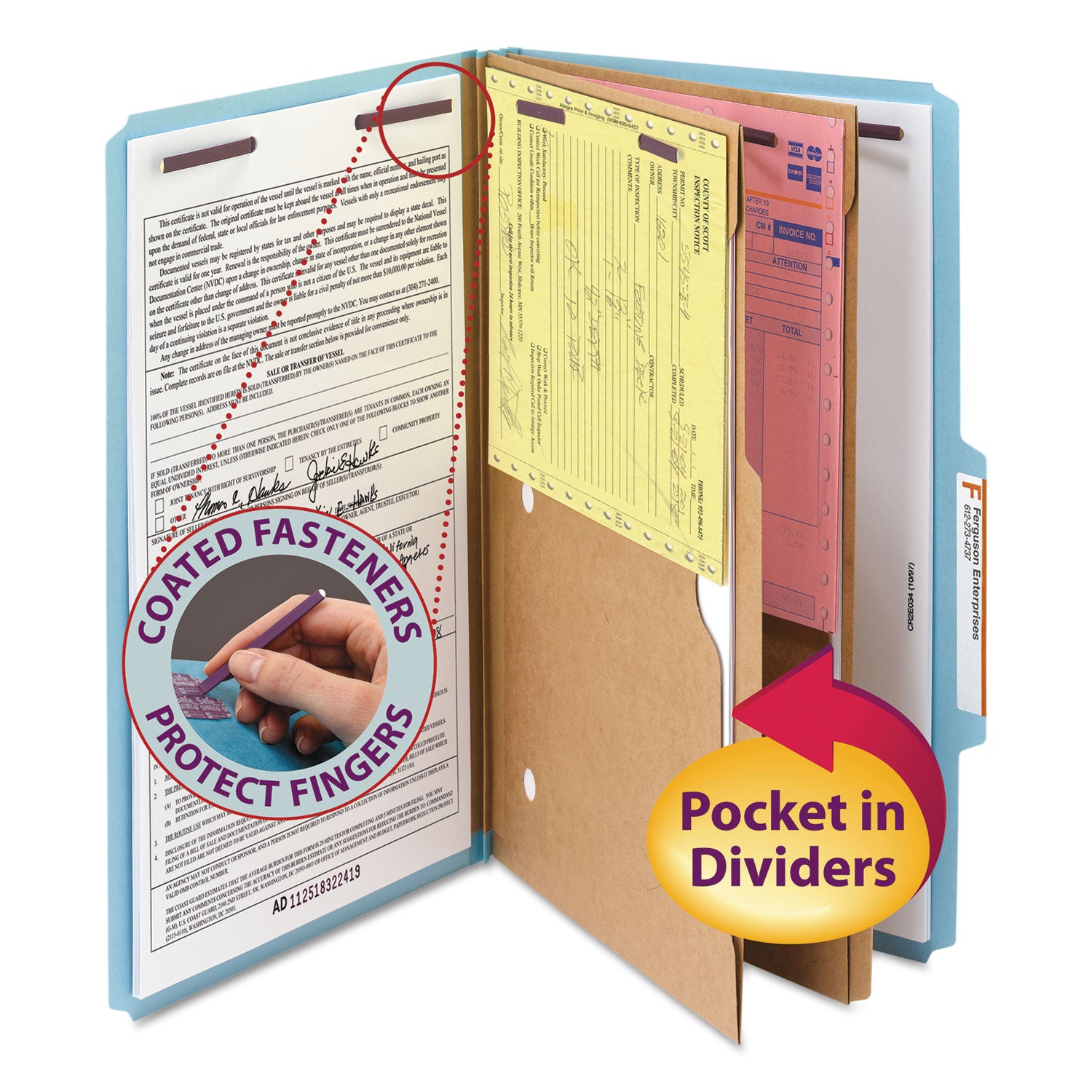 Smead 6-Section Pressboard Top Tab Pocket Classification Folders, 6 SafeSHIELD Fasteners, 2 Dividers, Legal Size, Blue, 10/Box (19081)