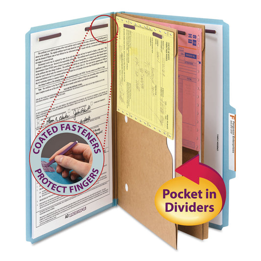 Smead 6-Section Pressboard Top Tab Pocket Classification Folders, 6 SafeSHIELD Fasteners, 2 Dividers, Legal Size, Blue, 10/Box (19081)