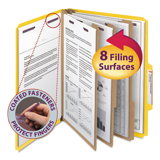 Smead Eight-Section Pressboard Top Tab Classification Folders, Eight SafeSHIELD Fasteners, 3 Dividers, Letter Size, Yellow, 10/Box (14098)