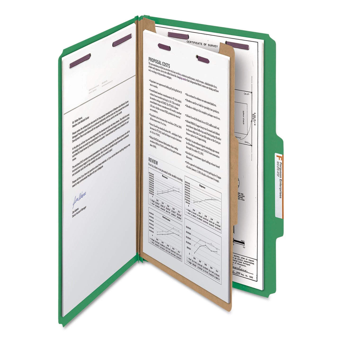 Smead Four-Section Pressboard Top Tab Classification Folders, Four SafeSHIELD Fasteners, 1 Divider, Legal Size, Green, 10/Box (18733)