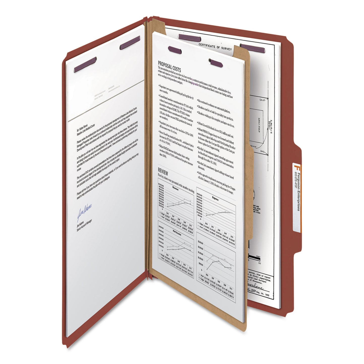Smead Pressboard Classification Folders, Four SafeSHIELD Fasteners, 2/5-Cut Tabs, 1 Divider, Legal Size, Red, 10/Box (18775)
