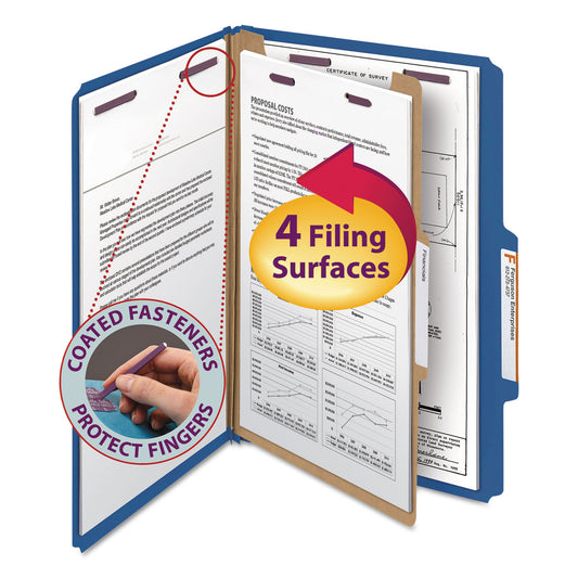 Smead Four-Section Pressboard Top Tab Classification Folders, Four SafeSHIELD Fasteners, 1 Divider, Legal Size, Dark Blue, 10/Box (18732)