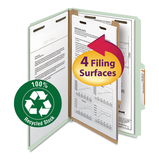 Smead Recycled Pressboard Classification Folders, 2" Expansion, 1 Divider, 4 Fasteners, Legal Size, Gray-Green, 10/Box (18722)