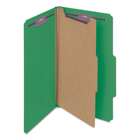 Smead Four-Section Pressboard Top Tab Classification Folders, Four SafeSHIELD Fasteners, 1 Divider, Legal Size, Green, 10/Box (18733)