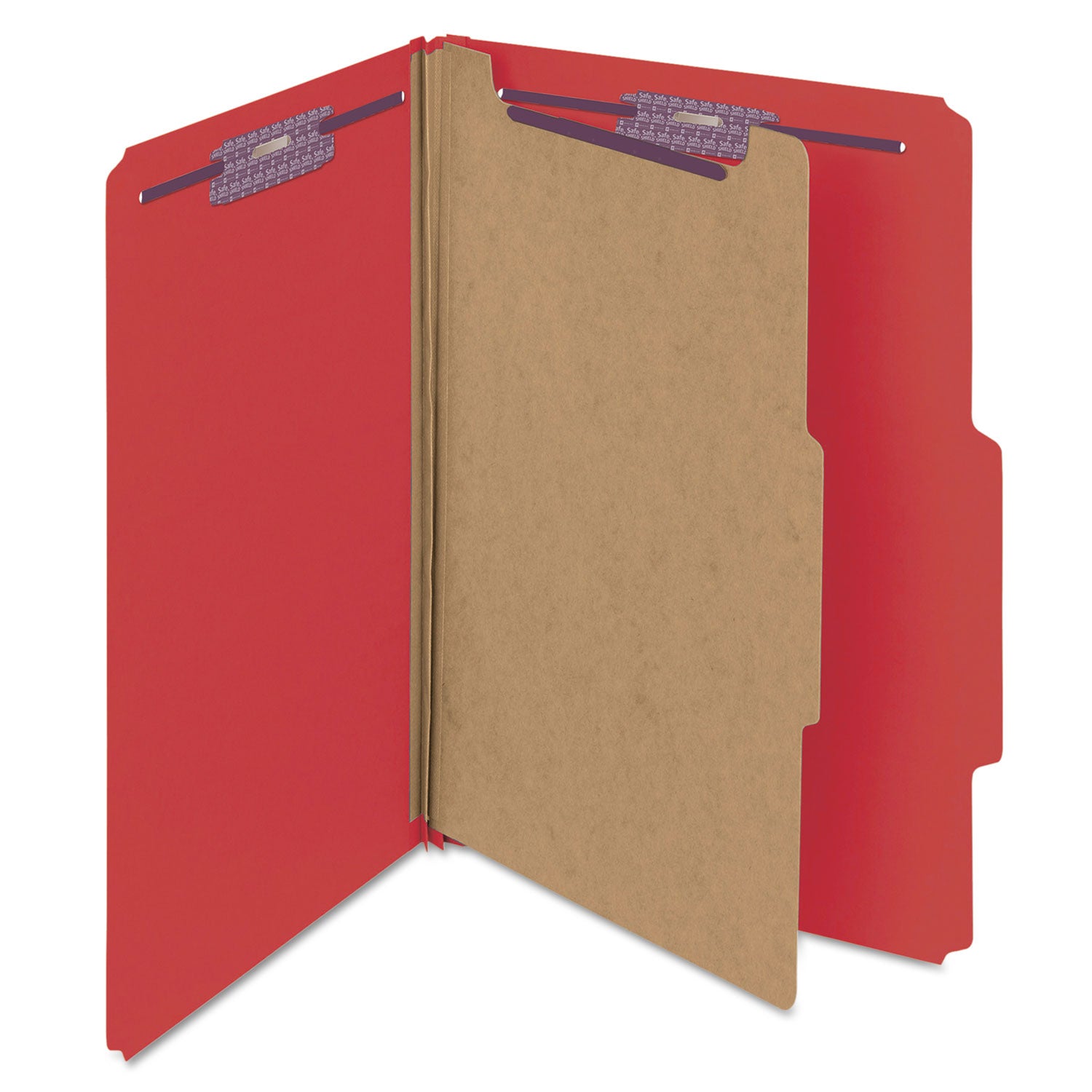 Smead Four-Section Pressboard Top Tab Classification Folders, Four SafeSHIELD Fasteners, 1 Divider, Legal Size, Bright Red, 10/Box (18731)