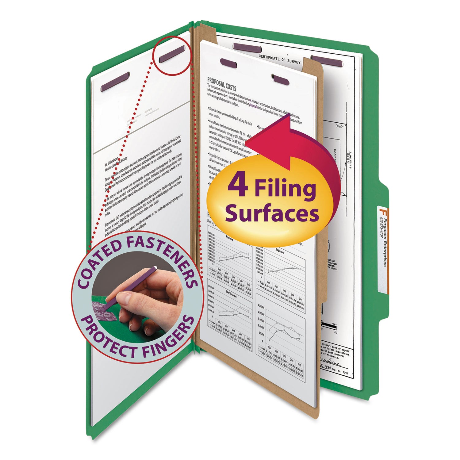 Smead Four-Section Pressboard Top Tab Classification Folders, Four SafeSHIELD Fasteners, 1 Divider, Legal Size, Green, 10/Box (18733)