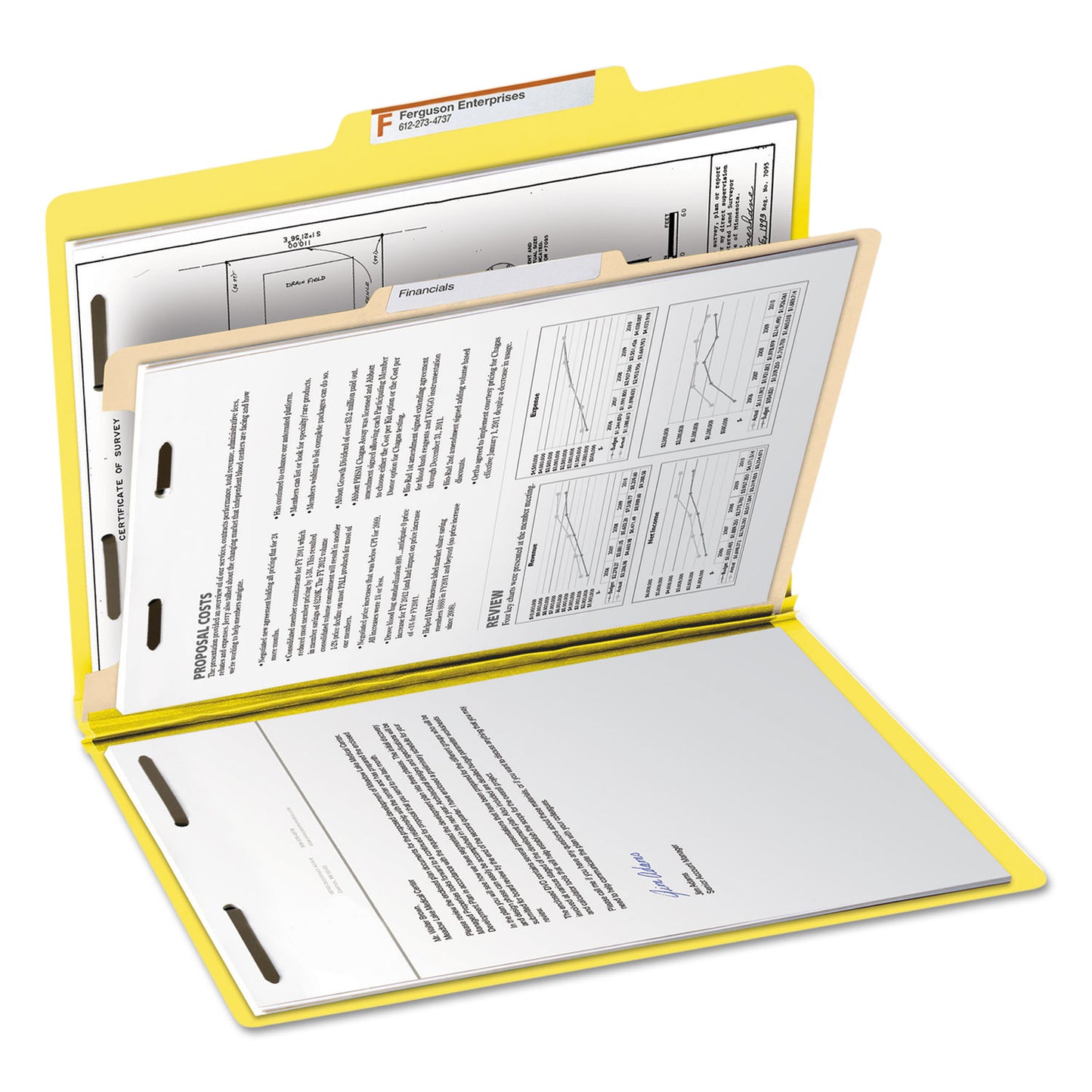 Smead Top Tab Classification Folders, Four SafeSHIELD Fasteners, 2" Expansion, 1 Divider, Letter Size, Yellow Exterior, 10/Box (13704)