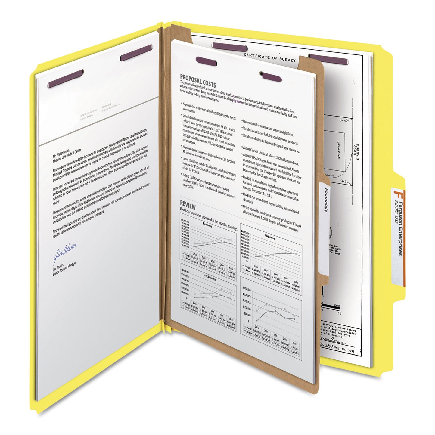 Smead Four-Section Pressboard Top Tab Classification Folders, Four SafeSHIELD Fasteners, 1 Divider, Letter Size, Yellow, 10/Box (13734)