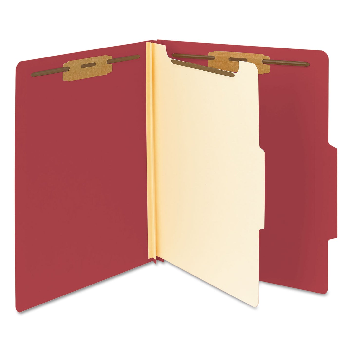 Smead Top Tab Classification Folders, Four SafeSHIELD Fasteners, 2" Expansion, 1 Divider, Letter Size, Red Exterior, 10/Box (13703)