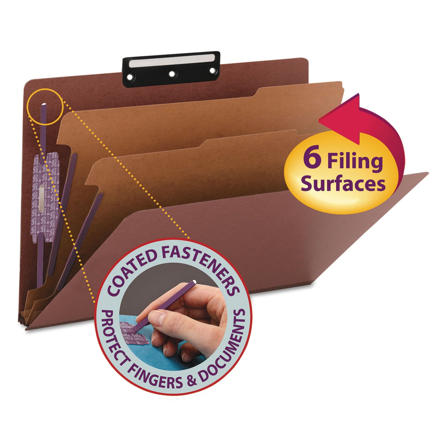 Smead Pressboard Classification Folders, Six SafeSHIELD Fasteners, 1/3-Cut Tabs, 2 Dividers, Legal Size, Red, 10/Box (19230)