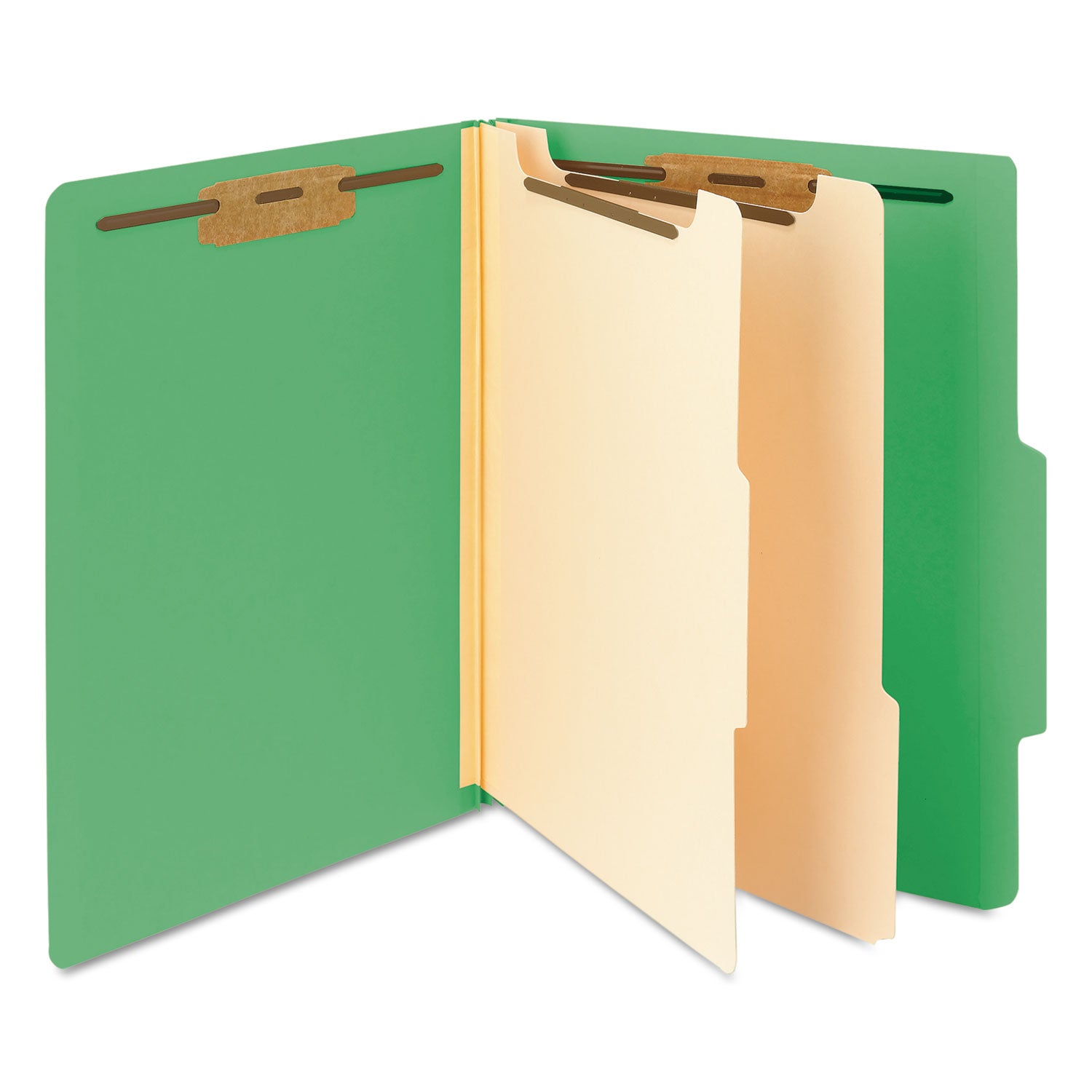 Smead Top Tab Classification Folders, Six SafeSHIELD Fasteners, 2" Expansion, 2 Dividers, Letter Size, Green Exterior, 10/Box (14002)