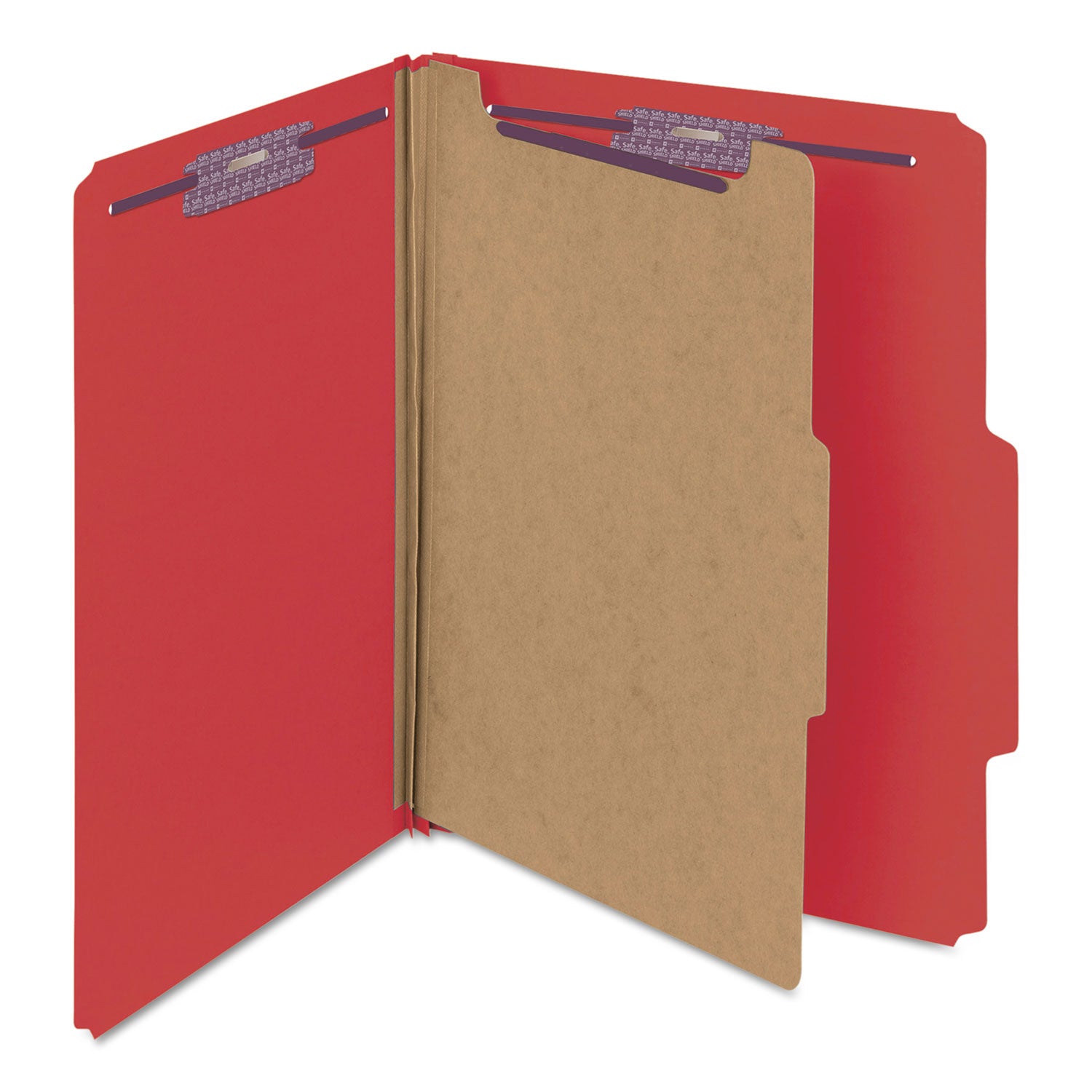 Smead Four-Section Pressboard Top Tab Classification Folders, Four SafeSHIELD Fasteners, 1 Divider, Letter Size, Bright Red, 10/Box (13731)