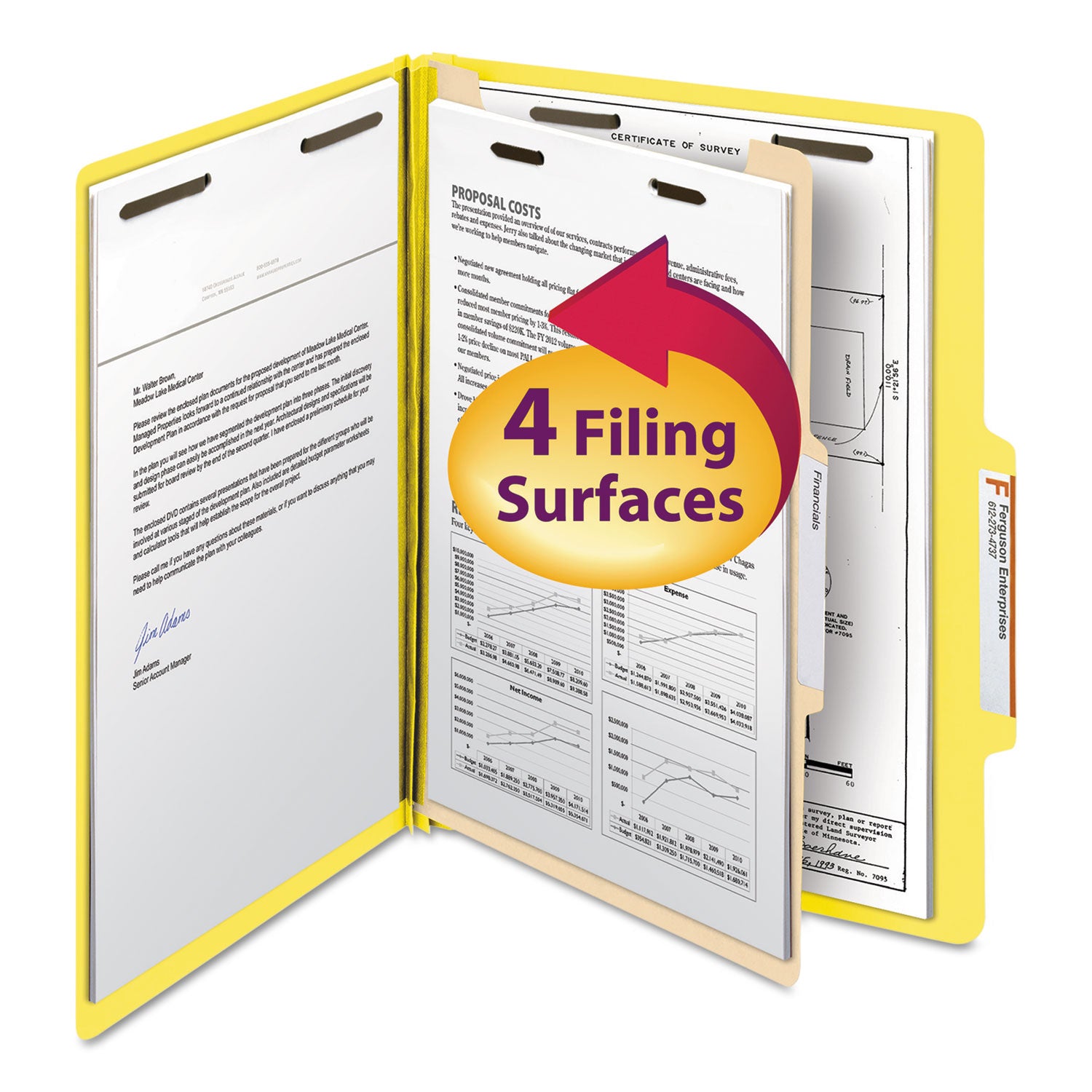 Smead Top Tab Classification Folders, Four SafeSHIELD Fasteners, 2" Expansion, 1 Divider, Letter Size, Yellow Exterior, 10/Box (13704)