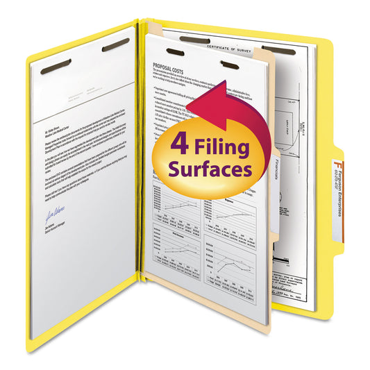 Smead Top Tab Classification Folders, Four SafeSHIELD Fasteners, 2" Expansion, 1 Divider, Letter Size, Yellow Exterior, 10/Box (13704)