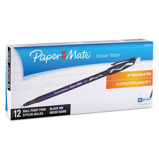 Paper Mate Eraser Mate Ballpoint Pen, Stick, Medium 1 mm, Black Ink, Black Barrel, Dozen (3930158)