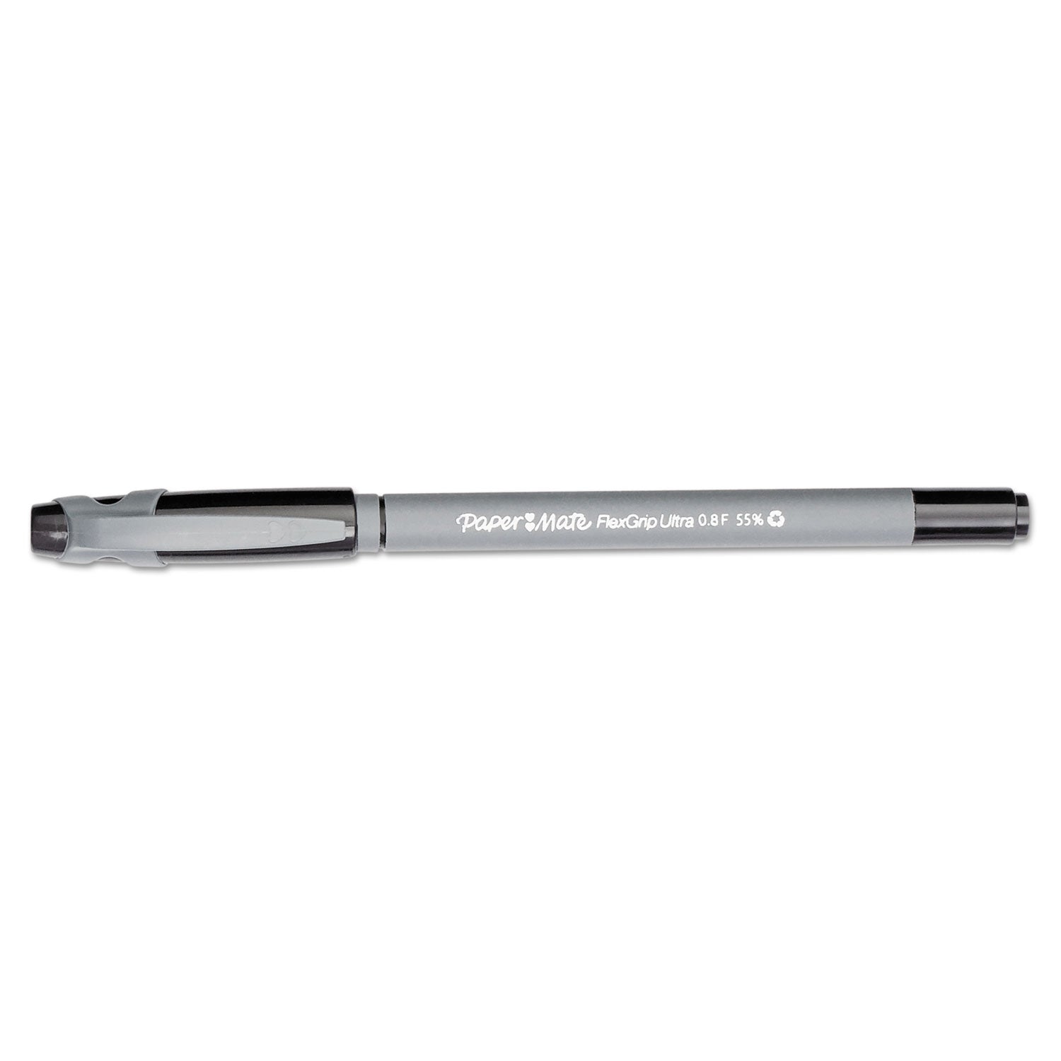 Paper Mate FlexGrip Ultra Recycled Ballpoint Pen, Stick, Fine 0.8 mm, Black Ink, Gray Barrel, Dozen (9680131)