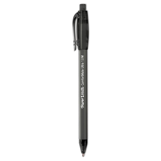 Paper Mate ComfortMate Ultra Ballpoint Pen, Retractable, Medium 1 mm, Black Ink, Black Barrel, Dozen (6330187)