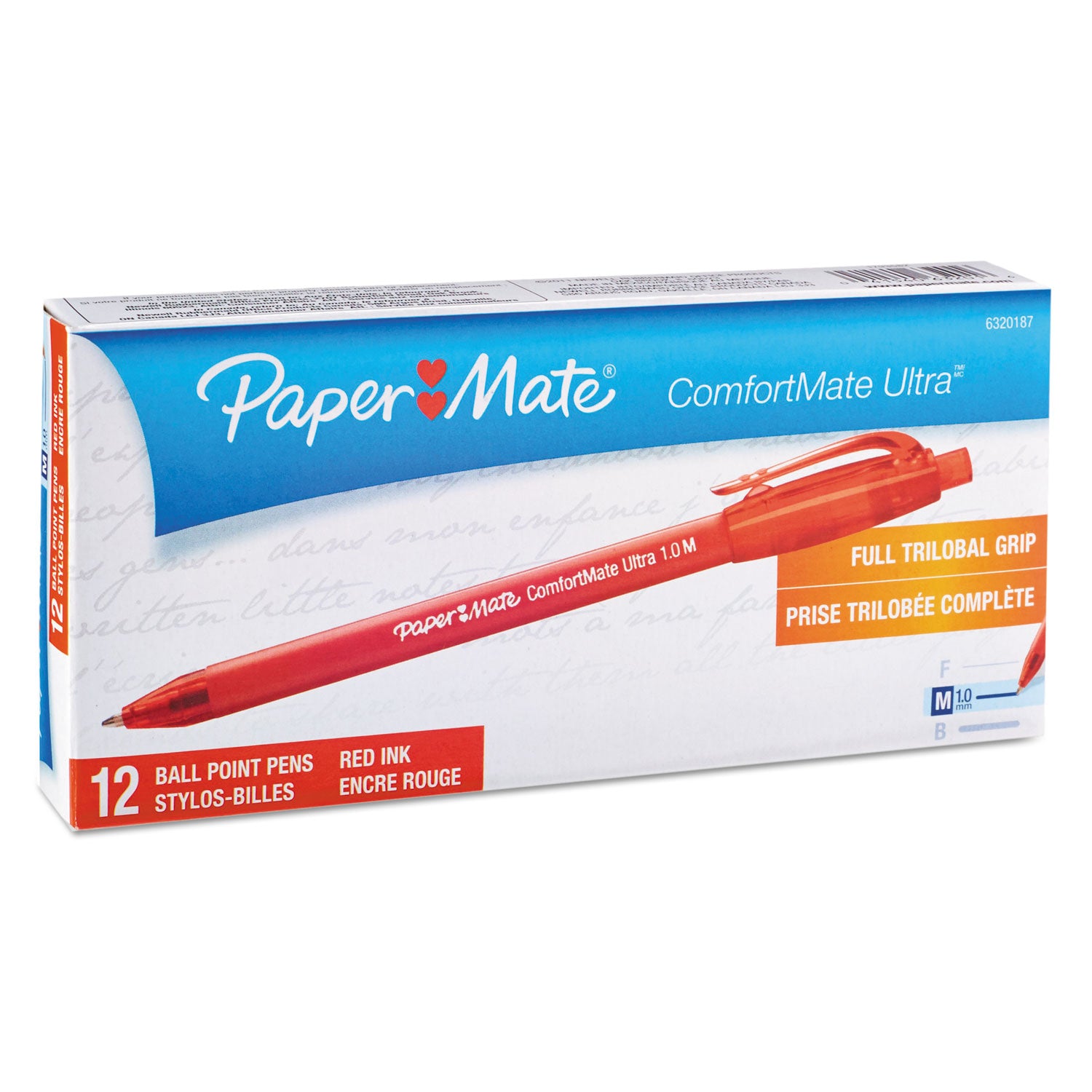 Paper Mate ComfortMate Ultra Ballpoint Pen, Retractable, Medium 1 mm, Red Ink, Red Barrel, Dozen (6320187)