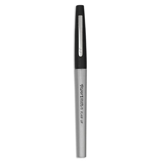 Paper Mate Flair Felt Tip Porous Point Pen, Stick, Extra-Fine 0.4 mm, Black Ink, Gray/Black Barrel, Dozen (8330152)