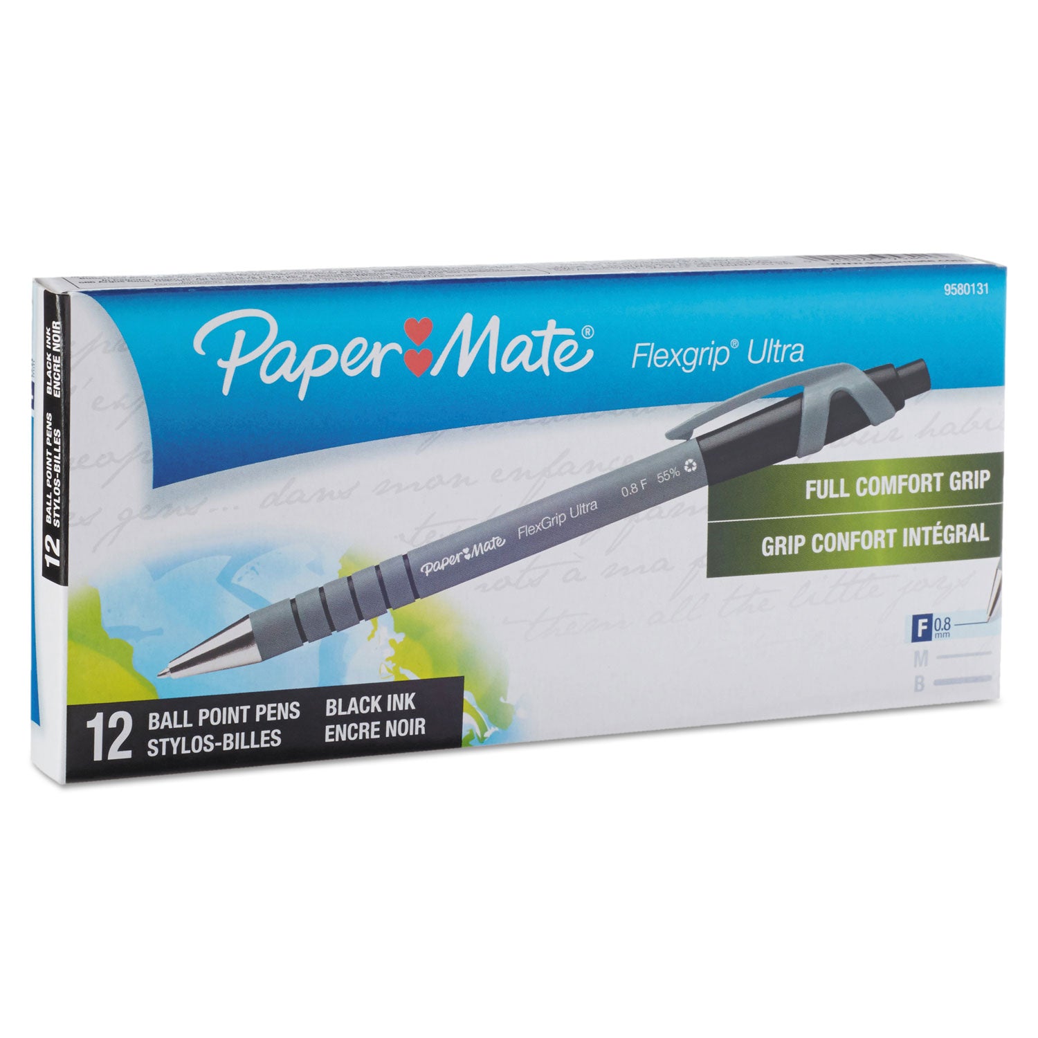 Paper Mate FlexGrip Ultra Recycled Ballpoint Pen, Retractable, Fine 0.8 mm, Black Ink, Gray/Black Barrel, Dozen (9580131)