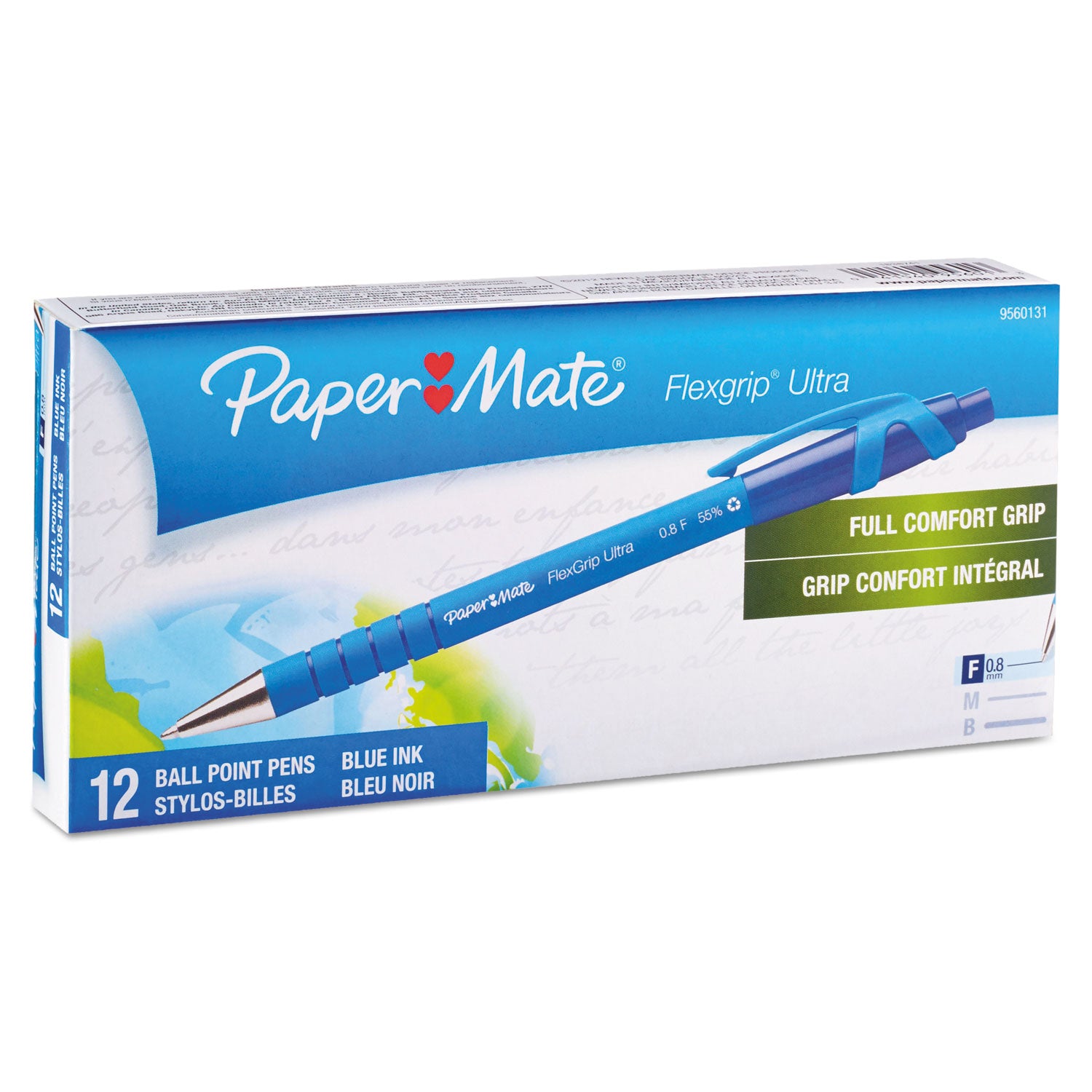 Paper Mate FlexGrip Ultra Recycled Ballpoint Pen, Retractable, Fine 0.8 mm, Blue Ink, Black/Blue Barrel, Dozen (9560131)