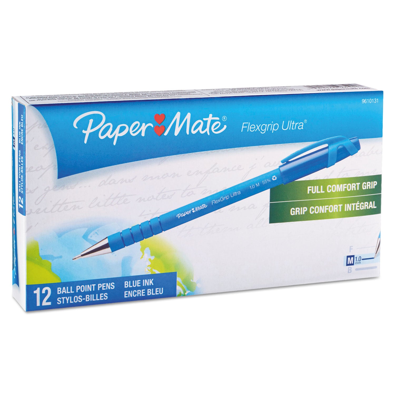 Paper Mate FlexGrip Ultra Recycled Ballpoint Pen, Stick, Medium 1 mm, Blue Ink, Blue Barrel, Dozen (9610131)