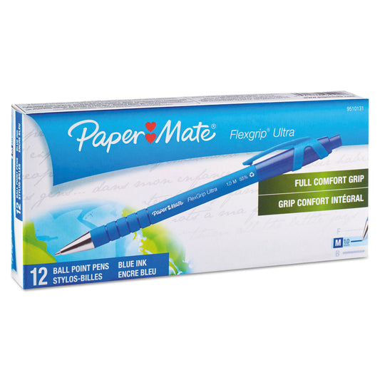 Paper Mate FlexGrip Ultra Recycled Ballpoint Pen, Retractable, Medium 1 mm, Blue Ink, Blue Barrel, Dozen (9510131)