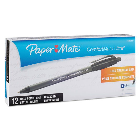 Paper Mate ComfortMate Ultra Ballpoint Pen, Retractable, Fine 0.8 mm, Black Ink, Black Barrel, Dozen (6380187)