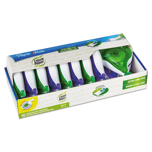 Paper Mate DryLine Correction Tape, Non-Refillable, Green/Purple Applicators, 0.17" x 472", 10/Pack (6137406)