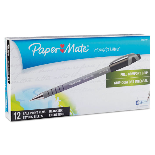 Paper Mate FlexGrip Ultra Recycled Ballpoint Pen, Stick, Medium 1 mm, Black Ink, Gray Barrel, Dozen (9630131)