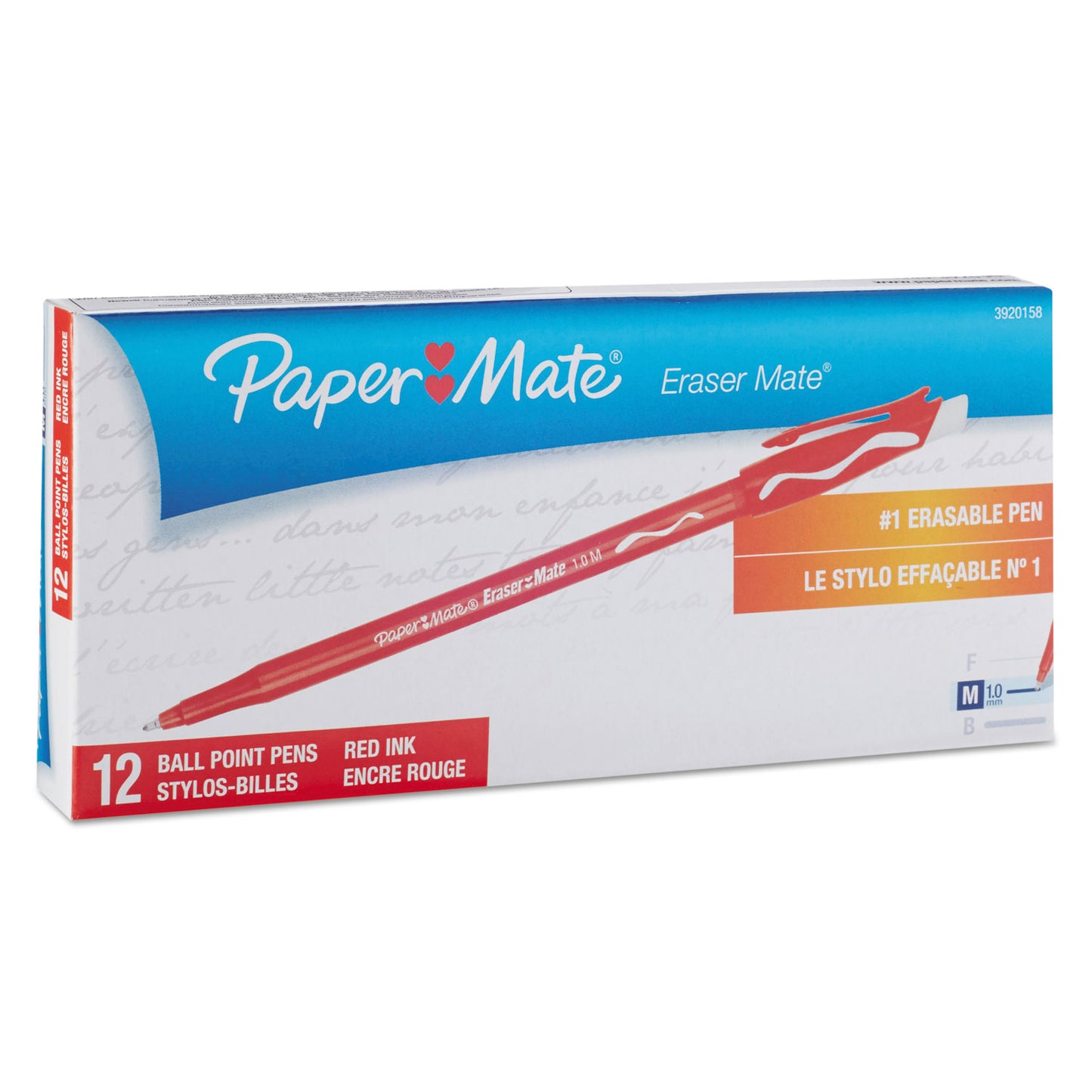 Paper Mate Eraser Mate Ballpoint Pen, Stick, Medium 1 mm, Red Ink, Red Barrel, Dozen (3920158)