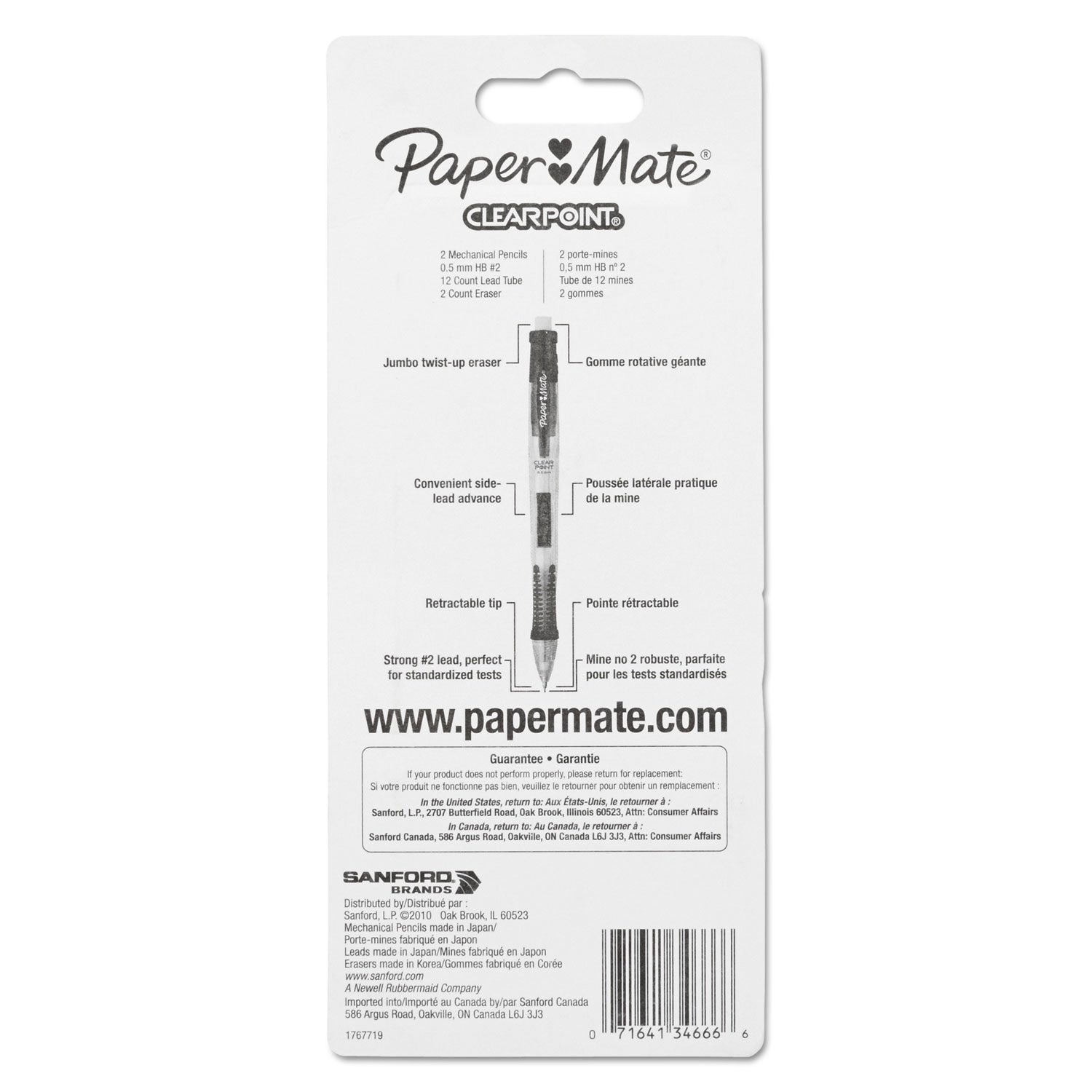 Paper Mate Clear Point Mechanical Pencils with Tube of Lead/Erasers, 0.5 mm, HB(#2), Black Lead, Randomly Assorted Barrel Colors, 2/Pack (34666PP)