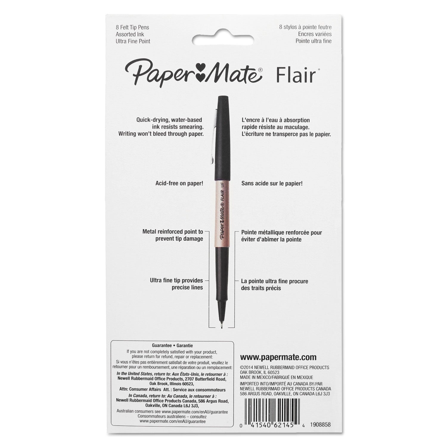 Paper Mate Flair Felt Tip Porous Point Pen, Stick, Extra-Fine 0.4 mm, Assorted Ink and Barrel Colors, 8/Pack (1927694)