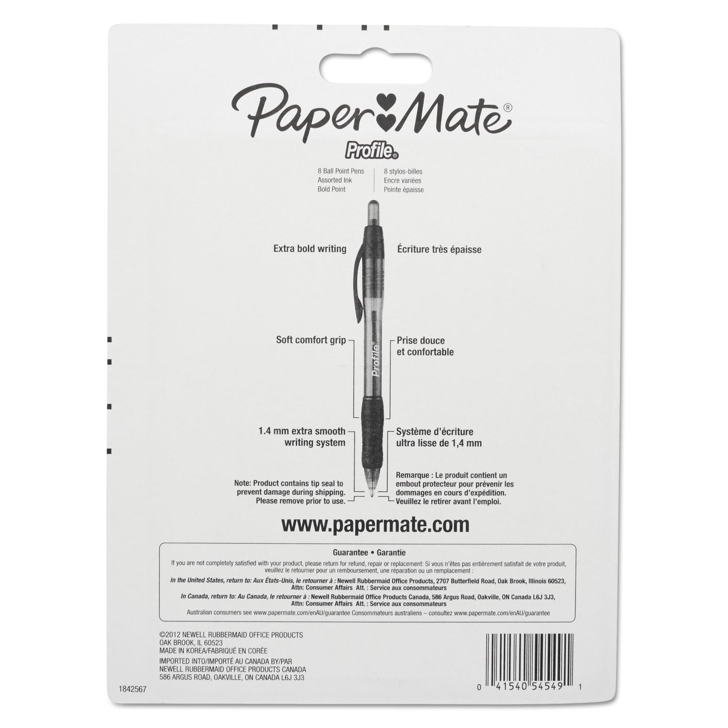 Paper Mate Profile Ballpoint Pen, Retractable, Bold 1.4 mm, Assorted Ink and Barrel Colors, 8/Pack (1960662)