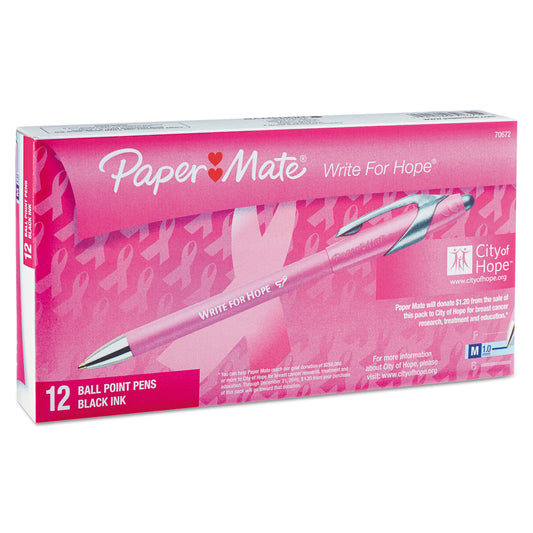 Paper Mate Write for Hope Edition FlexGrip Elite Ballpoint Pen, Retractable, Medium 1 mm, Black Ink, Pink Barrel, Dozen (70672)