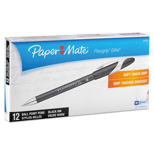 Paper Mate FlexGrip Elite Ballpoint Pen, Stick, Medium 1 mm, Black Ink, Black Barrel, Dozen (85585)