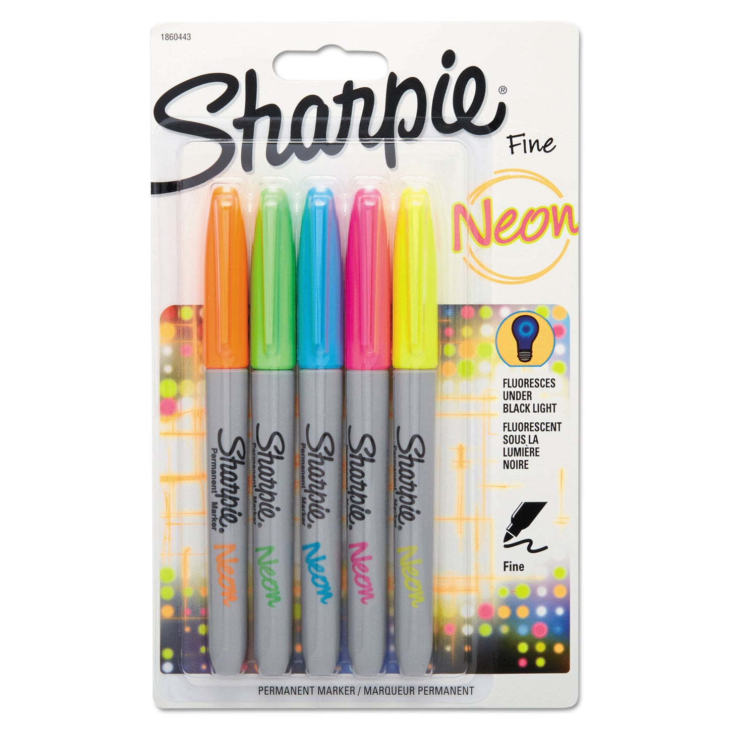 Sharpie Neon Permanent Markers, Fine Bullet Tip, Assorted Colors, 5/Pack (1860443)