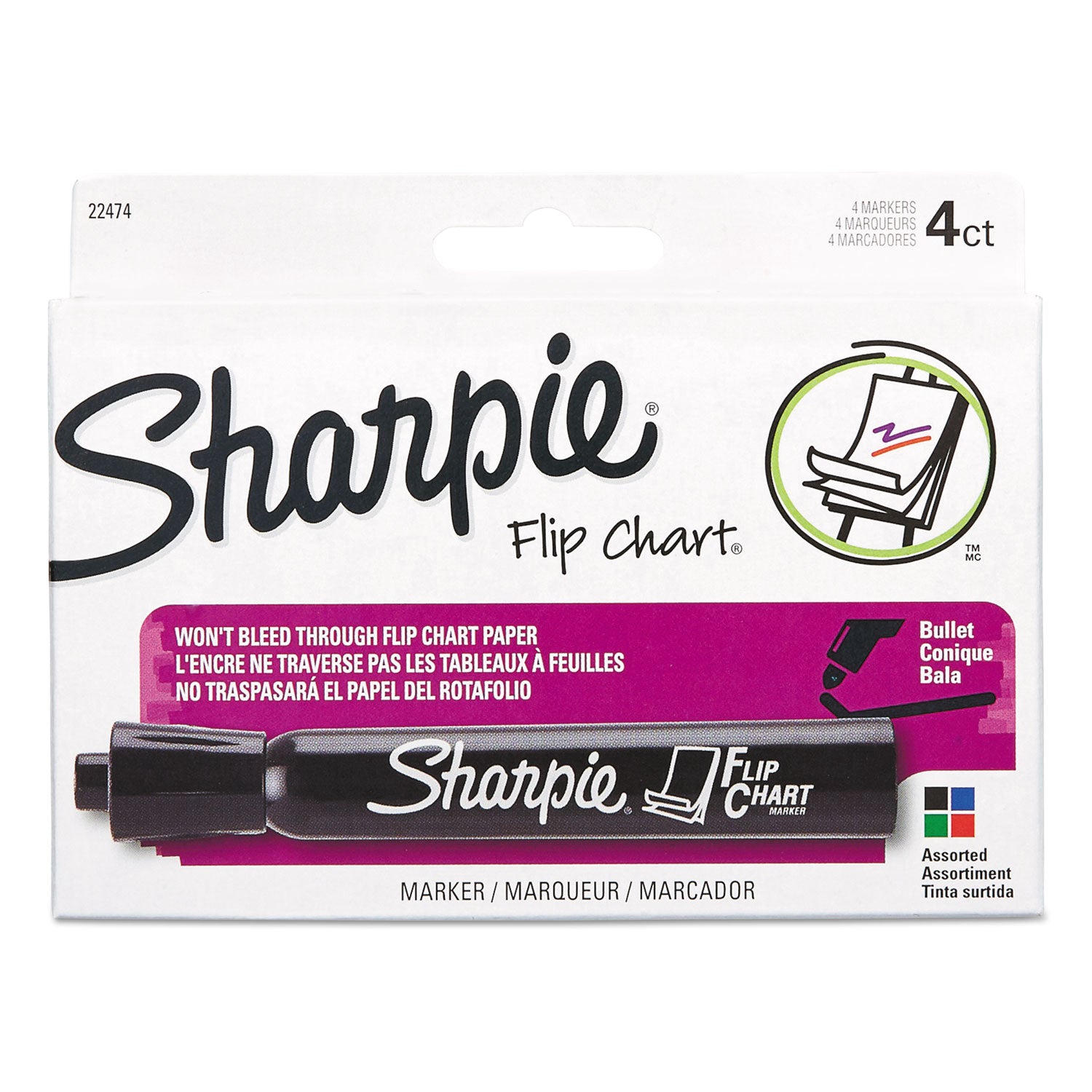 Sharpie Flip Chart Marker, Broad Bullet Tip, Assorted Colors, 4/Set (22474)