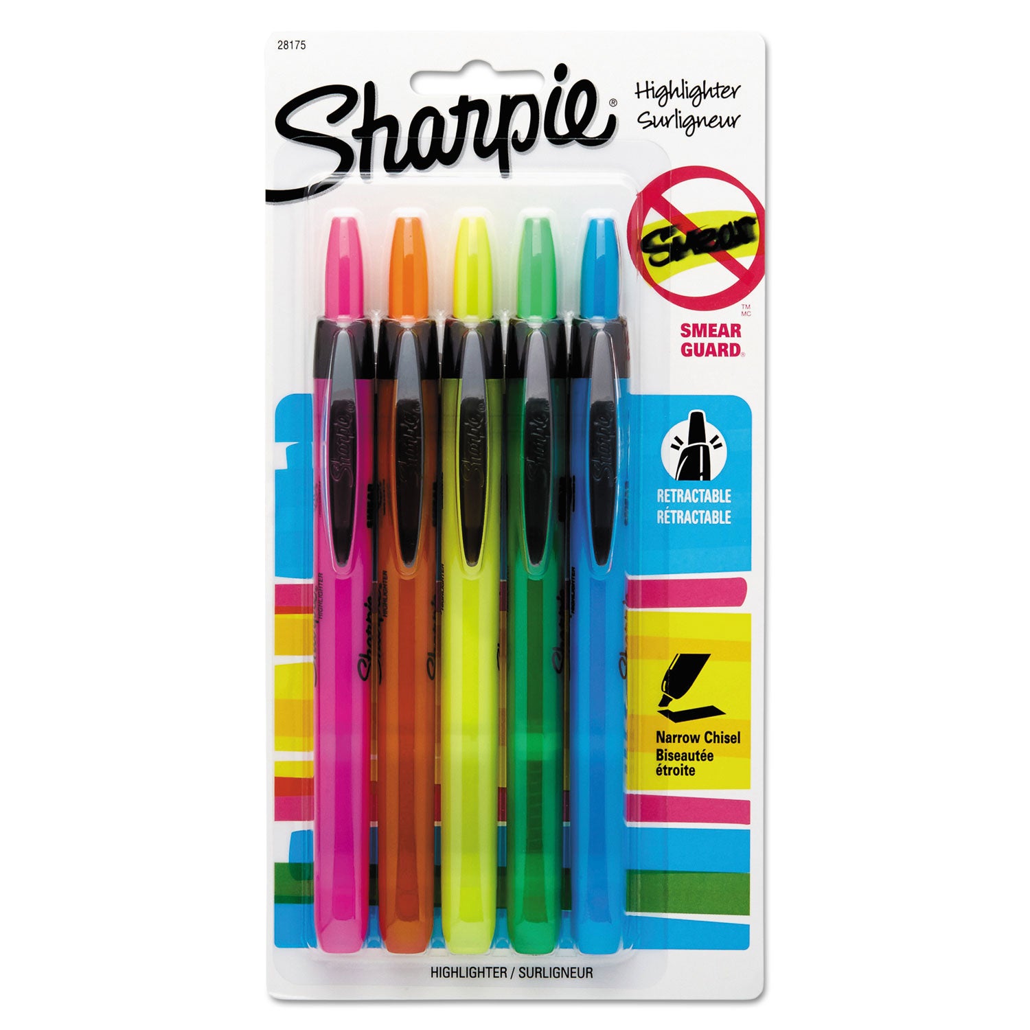 Sharpie Retractable Highlighters, Assorted Ink Colors, Chisel Tip, Assorted Barrel Colors, 5/Set (28175PP)