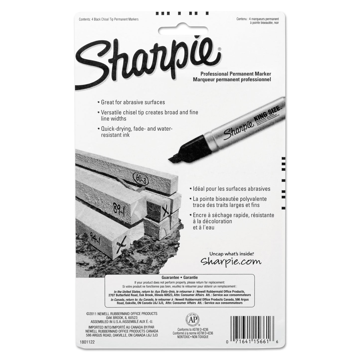 Sharpie King Size Permanent Marker, Broad Chisel Tip, Black, 4/Pack (15661PP)