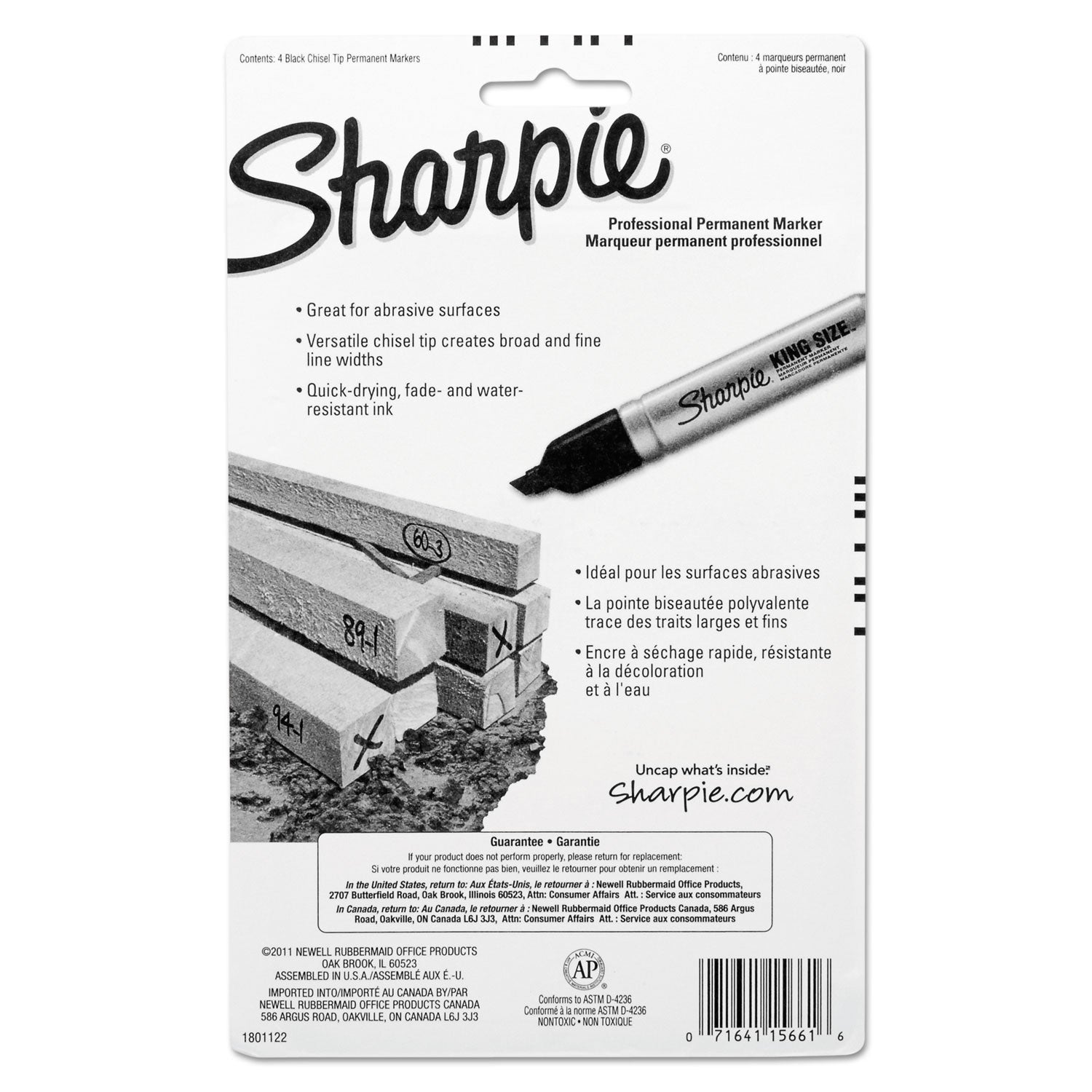 Sharpie King Size Permanent Marker, Broad Chisel Tip, Black, 4/Pack (15661PP)